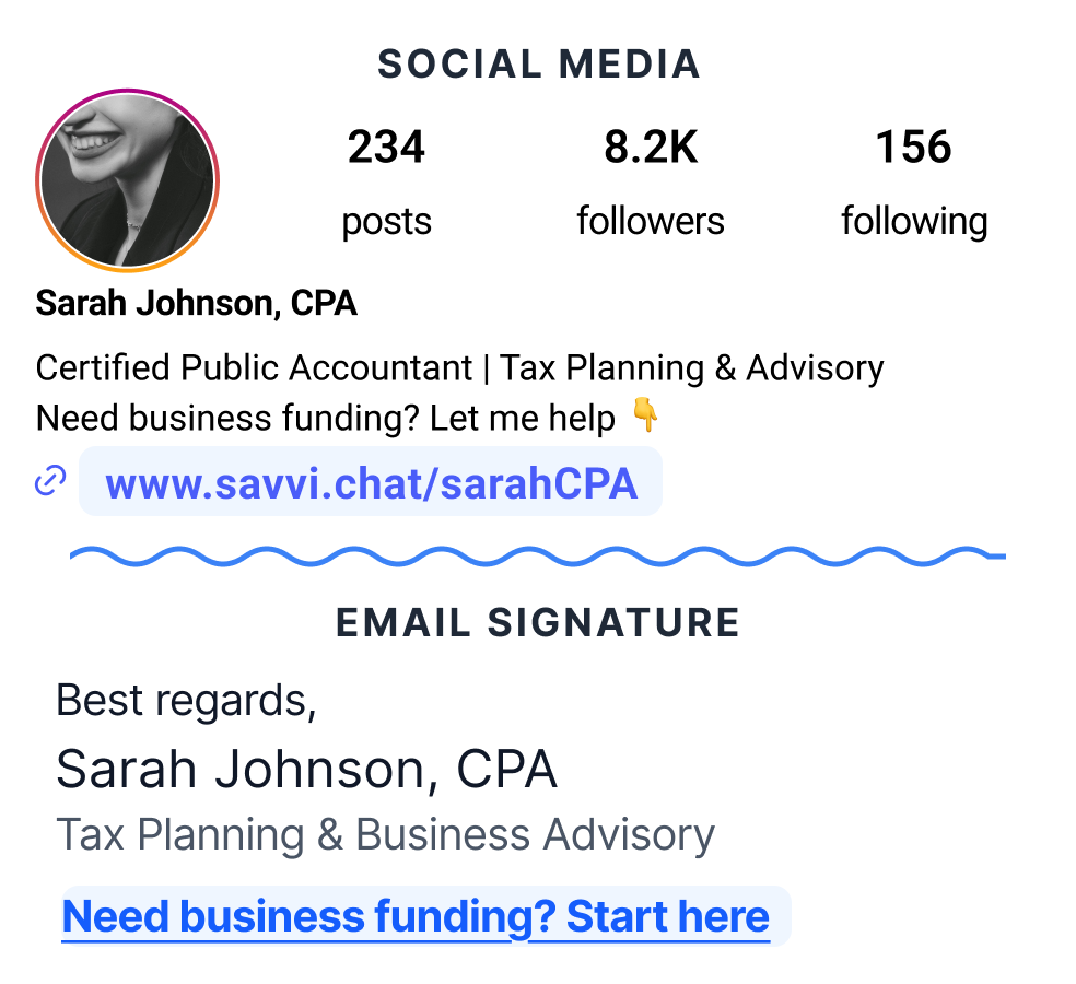 Social media and email signature with Savvi link